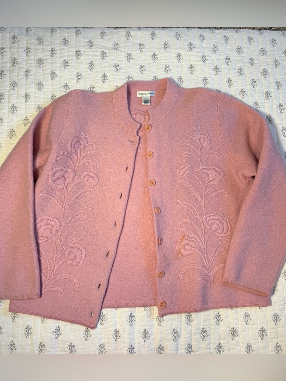 Vintage Draper’s & Damon’s 100% Wool Pink Floral Embroidered Cardigan